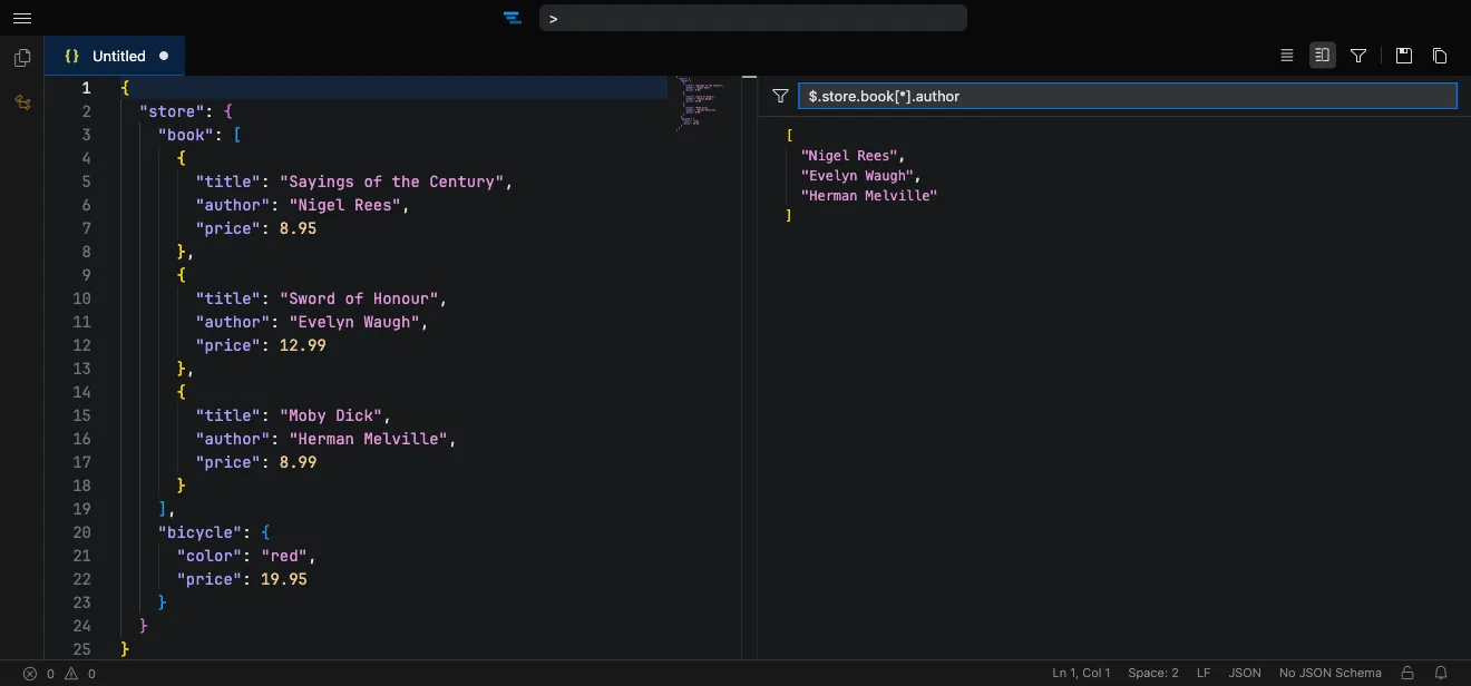 The JSONPath filter pane evaluating an expression next to the JSON source