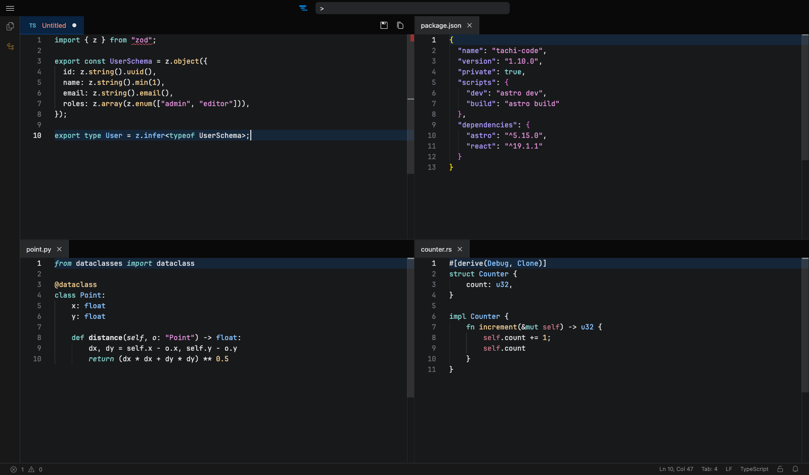 Tachi Code editing a Markdown file with a live preview alongside it