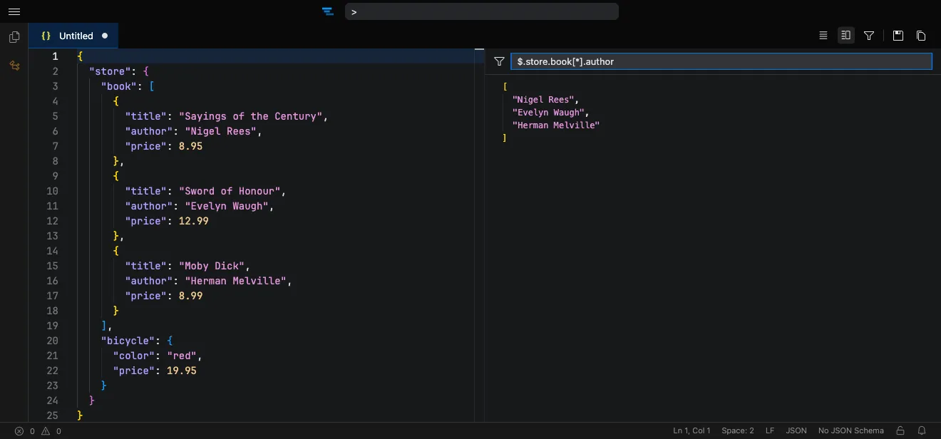 The JSONPath filter pane evaluating an expression beside a JSON document in Tachi Code