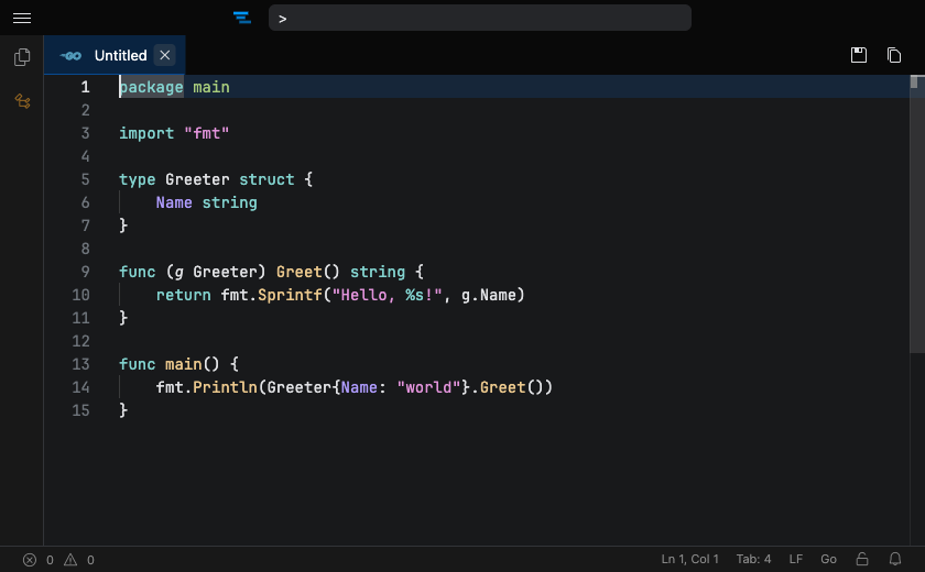 Go syntax highlighting in Tachi Code