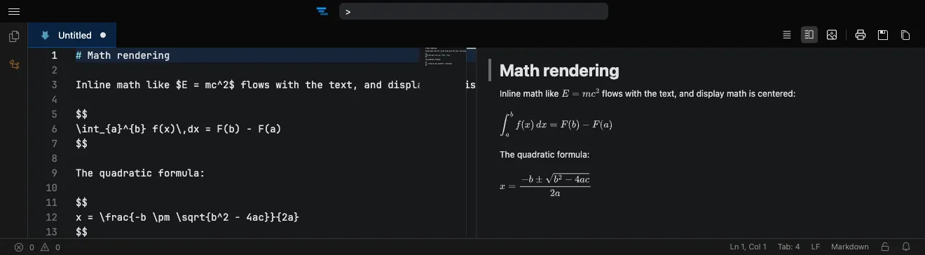 LaTeX math rendered in the Markdown preview