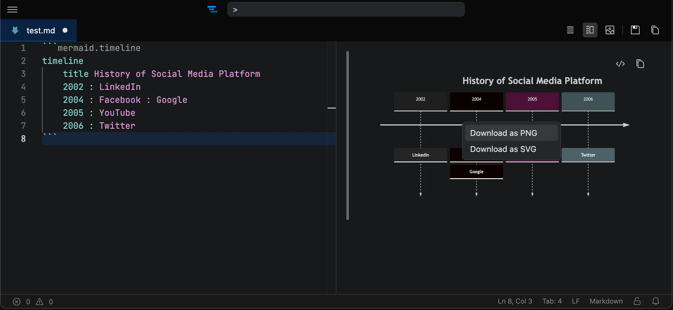 Rendered Mermaid diagram in markdown preview with context menu