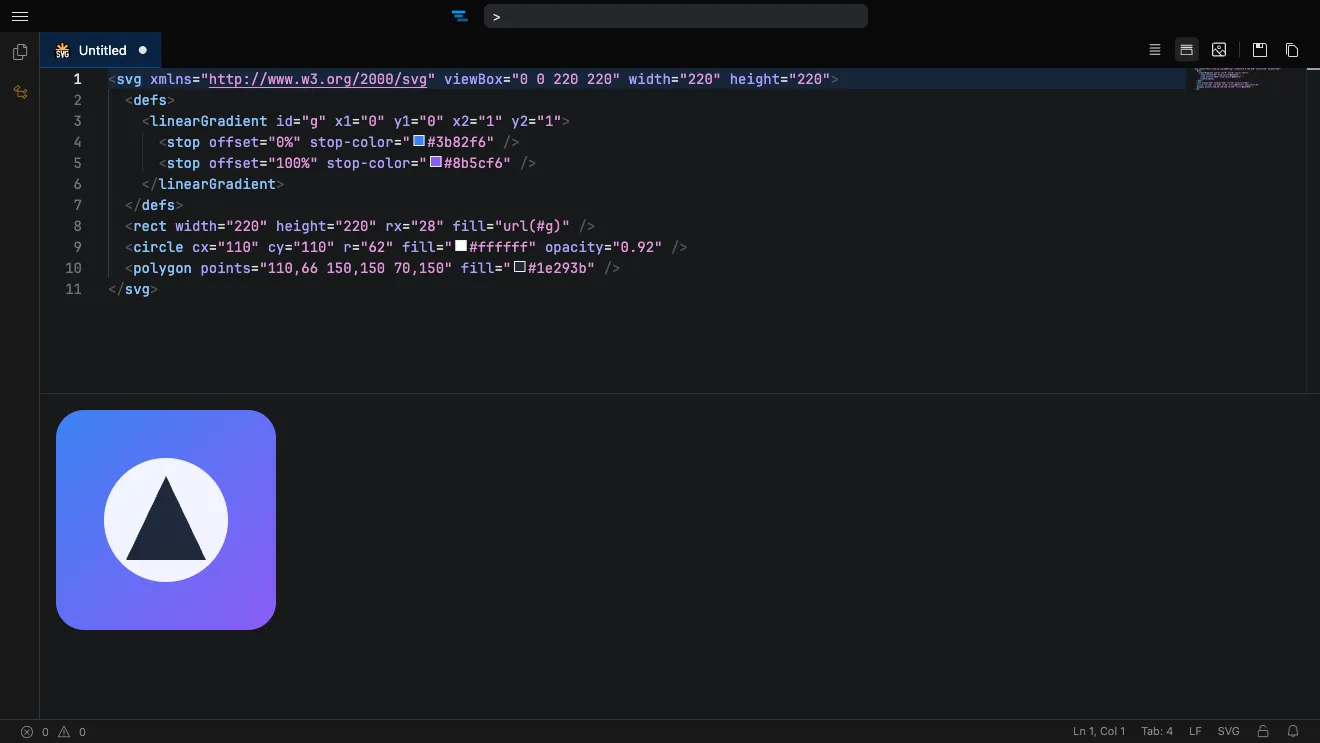 An SVG rendered live beside its markup in Tachi Code